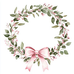 Fototapeta premium Watercolor Floral Wreath With Pink Bow. Watercolor wreath featuring green leaves, pink berries, and a lovely pink bow. Perfect for a shirt design.
