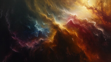 Spectral Convergence in a Cosmic Storm. Multicolored celestial clouds swirl with light and energy across a deep space expanse. Ideal for space art, abstract cosmology, or sci-fi visual narratives.