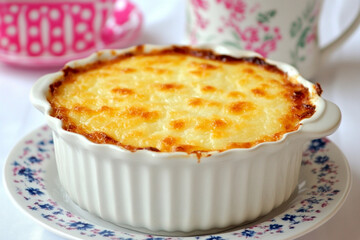 Savory cheese and caramelized onions served with a decorative dish