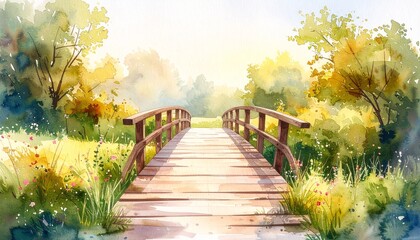 Charming watercolor painting of a scenic bridge surrounded by lush park landscape