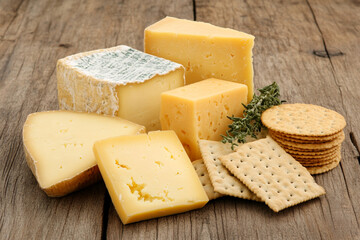 Variety of cheeses and crackers arranged on rustic wooden surface