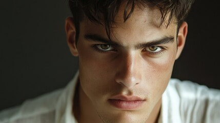 Fototapeta premium Close-up portrait of a young man with short, styled hair, wearing a light beige button-up shirt over a white t-shirt.