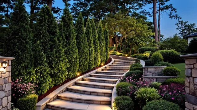 A gently curving stone staircase leads up to a large house partially visible behind a row of meticulously trimmed evergreen trees