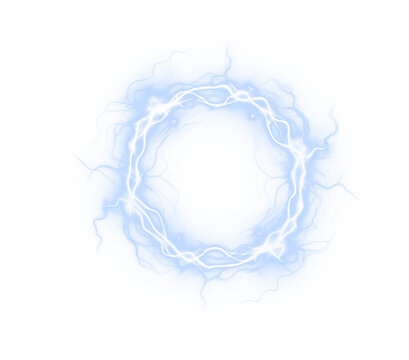 Abstract, set, magic, neon, blue night form a glowing PNG ring. Electric portal crackles with lightning and energy, creating a transparent PNG Overlay for futuristic thunder or storm design themes