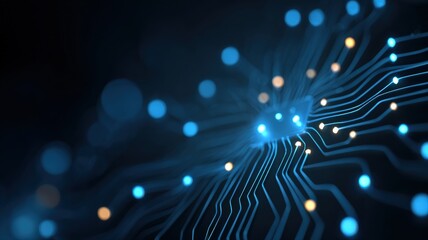 Data streams and glowing digital nodes connecting to a central AI processor icon, abstract technology concept.