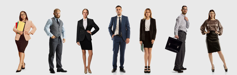 Set of seven professionals in mix of formal and modern office clothing pose confidently against white background, showcasing diversity in workplace style. Concept of teamwork, fashion, professionalism