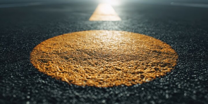 Closeup of Bright Yellow Circular Patch on Dark Asphalt Road