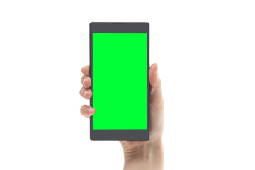 Person holding smartphone featuring green screen