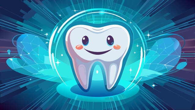 close up Healthy tooth with glowing effect, teeth whitening concept White background