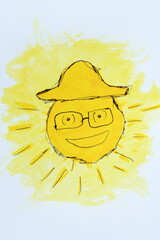 Cheerful Sun with Hat and Glasses Drawing