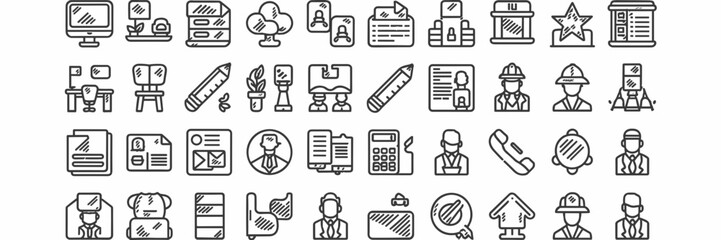 Black and white office icon sheet with various workers and tools – Great for HR software, job recruitment sites, or remote work content
