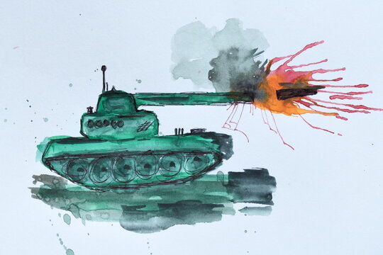 Watercolor Painting of a Tank Firing