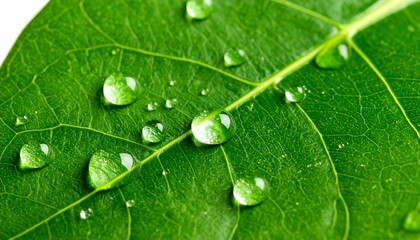 Green leaf with water droplets macro