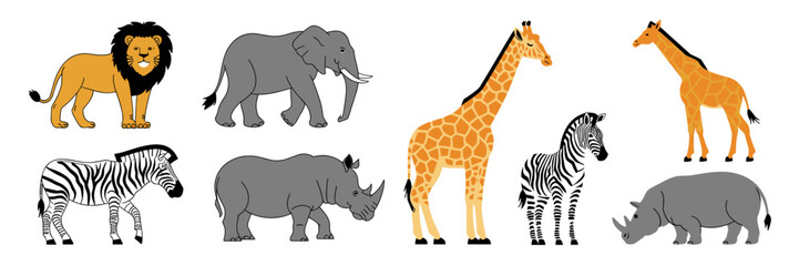 Fototapeta premium Vector icon sheet of lion, elephant, giraffe, zebra, rhino, and hippo silhouettes – Great for wildlife branding, educational tools, or minimalist design projects