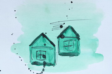Abstract Watercolor Green Houses
