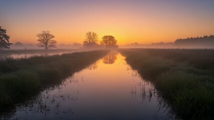 Serene Sunrise Over a Misty River Reflecting Trees and Golden Light in a Rural Landscape - Powered by Adobe