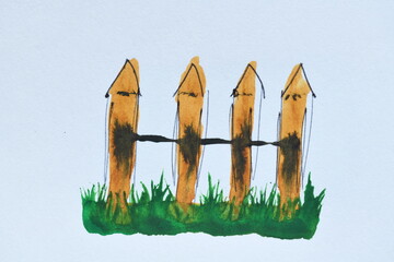 Watercolor Wooden Fence with Grass
