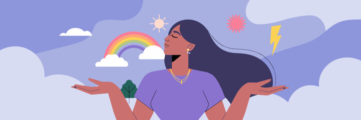 Woman with long hair and closed eyes surrounded by nature elements &ndash; Perfect for wellness branding, emotional balance themes, or spiritual content