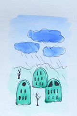 Abstract Watercolor of Green Buildings and Blue Clouds