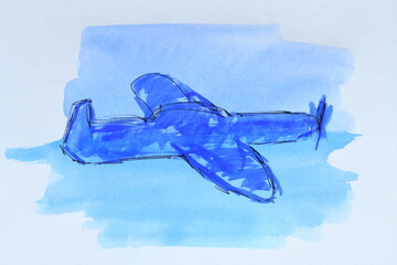 Blue Watercolor Airplane Sketch