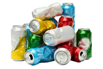 A pile of colorful crushed aluminum cans for recycling isolated on a transparent background