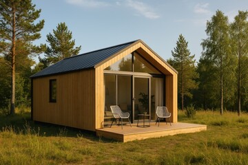 Modern wooden cabin retreat.