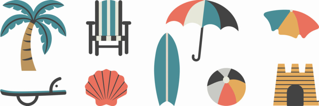 Flat design seaside and beach items icon sheet with white background &ndash; Suitable for travel guides, summer products, or beachwear brands