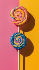 Two vibrant colorful lollipops on a light wooden stick against a pink and yellow background