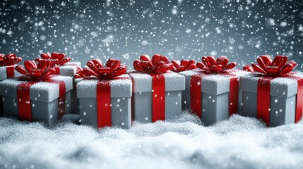 Snow-covered gifts with red bows, festive season
