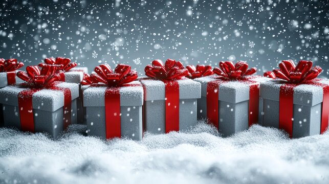Snow-covered gifts with red bows, festive season