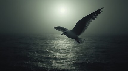 Seagull soars above dark, stormy sea