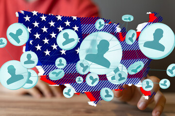 Obraz premium Visual representation of social media connections across the United States. Networking, community, and digital presence.