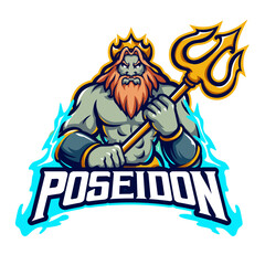 Powerful Poseidon Mascot Logo, Greek God of the Sea Illustration