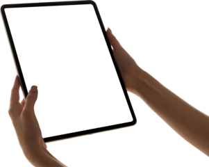 Woman's hands holding large tablet with blank white screen, close up. Mockup for ad, text, app demos, or digital interface design concepts. Concept of technology, digital, communication, app.