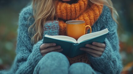 A cozy autumn afternoon spent reading a book with a warm beverage.
