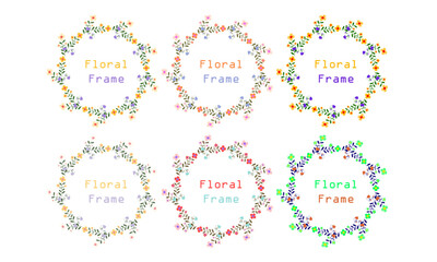 Six circular floral frames in various pastel and bright colors.