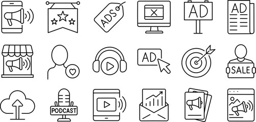 Marketing Campaign Outline Icon Pack – Featuring Online Ads, Email, Video, Podcast, and Social Media Stroke Symbols.