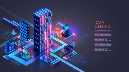 A data center with AI servers. Users computers are connected via the Internet to a data center with Artificial Intelligence servers and cloud data storage. Computer network and AI technology concept.