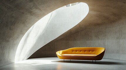 Modern concrete room with an oculus and yellow couch