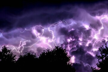 Lightning bolts branching in multiple directions on dark background, dynamic natural electrical storm