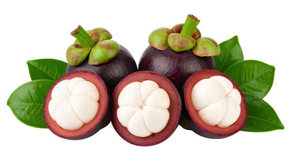 Fresh mangosteen fruits with leaves, showcasing their luscious purple and white interior.