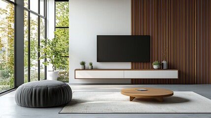 Modern living room with floating TV, wood panel, and large window