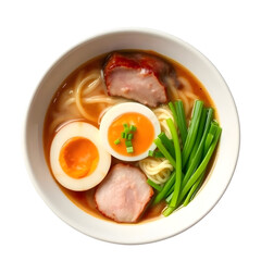 Steaming Bowl of Ramen Noodles with Pork Belly, Soft-Boiled Egg, and Green Onions – Overhead Shot, Isolated on Transparent White Background – Japanese Noodle Soup Image