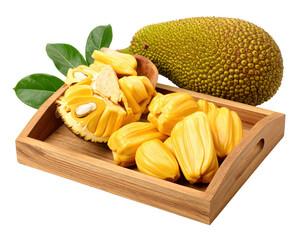 Fresh jackfruit pieces on a wooden platter with whole jackfruit and green leaves.