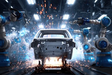 Assembly of car bodies and parts in an automated passenger car factory