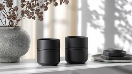 Elegant black ceramic jars with a vase and shadow play, minimalist decor