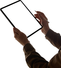 Fototapeta na wymiar Male hands holding tablet and drawing with stylus pen, close up. Symbolizing creativity, digital art, and modern productivity tools. Mockup for ad, text, app demos, digital interface design concepts.