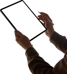  Male hands holding tablet and drawing with stylus pen, close up. Symbolizing creativity, digital art, and modern productivity tools. Mockup for ad, text, app demos, digital interface design concepts. © master1305