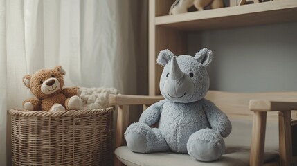 Nursery scene Teddy bear, rhino plush, woven basket, wood shelf, soft light