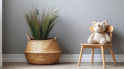 Simple kid's room decor featuring a basket with tall grass and a teddy bear on a wooden chair